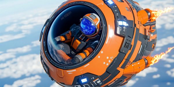 A space capsule re-entering Earthâ€™s atmosphere, with an astronaut visible inside, surrounded by fiery heat shields